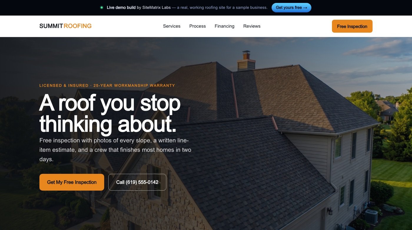 Residential Roofing Co. — Proof-first design that wins big-ticket quotes.
